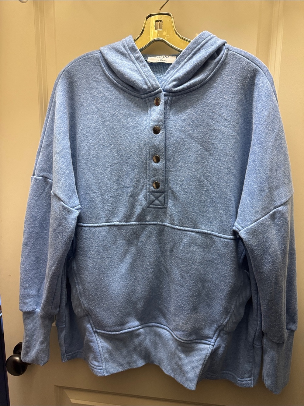 Light Blue Hooded Henley Pullover Sweatshirt by Zenana Outfitters